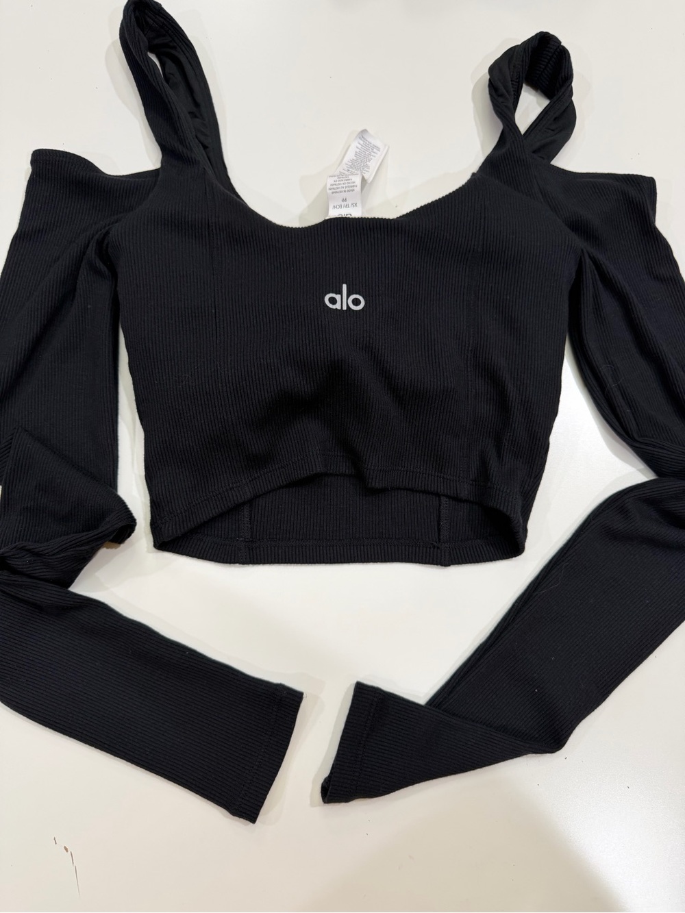 ALO Yoga Black Ribbed Off-Shoulder Long Sleeve Crop Top
